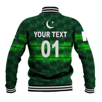 Dark green baseball jacket back with crescent, YOUR TEXT 01, striped collar and cuffs