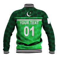 Green baseball jacket with striped ribbed collar, crescent back emblem and YOUR TEXT 01
