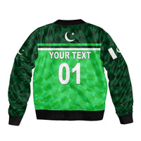 Green bomber jacket back with 'YOUR TEXT 01', crescent moon and striped panel