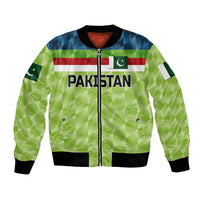 Green Pakistan cricket bomber jacket, full-zip, black ribbed cuffs, PAKISTAN front print