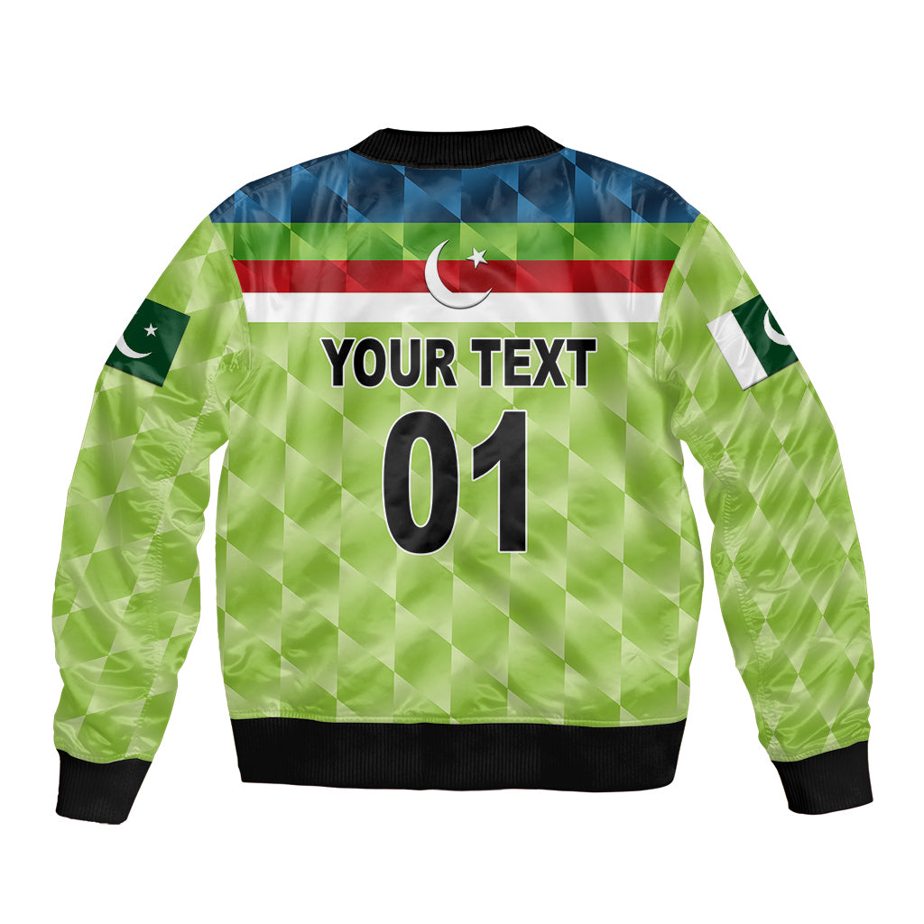 Green cricket bomber jacket back, black ribbed hem, YOUR TEXT and 01 with flag graphic