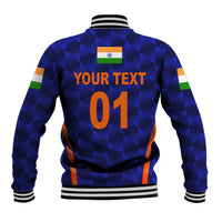 Blue checker baseball jacket with flag, back print YOUR TEXT 01 and striped ribbed hem