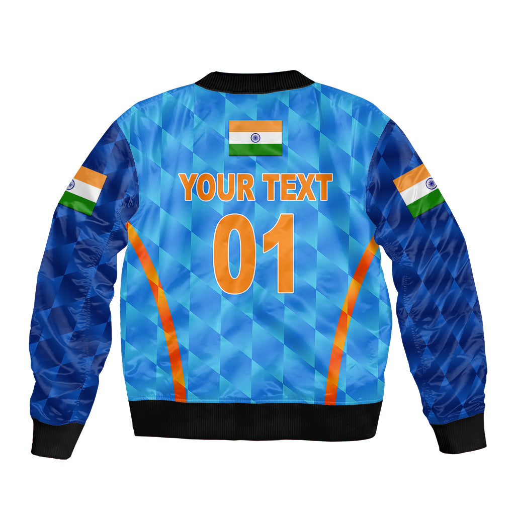 Blue cricket bomber jacket with black ribbed hem, full zip, India flag, YOUR TEXT 01