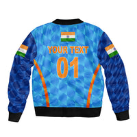 Blue cricket bomber jacket with black ribbed hem, full zip, India flag, YOUR TEXT 01