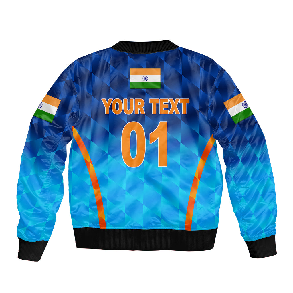 Blue bomber jacket back with “YOUR TEXT 01”, India flag patch, ribbed hem