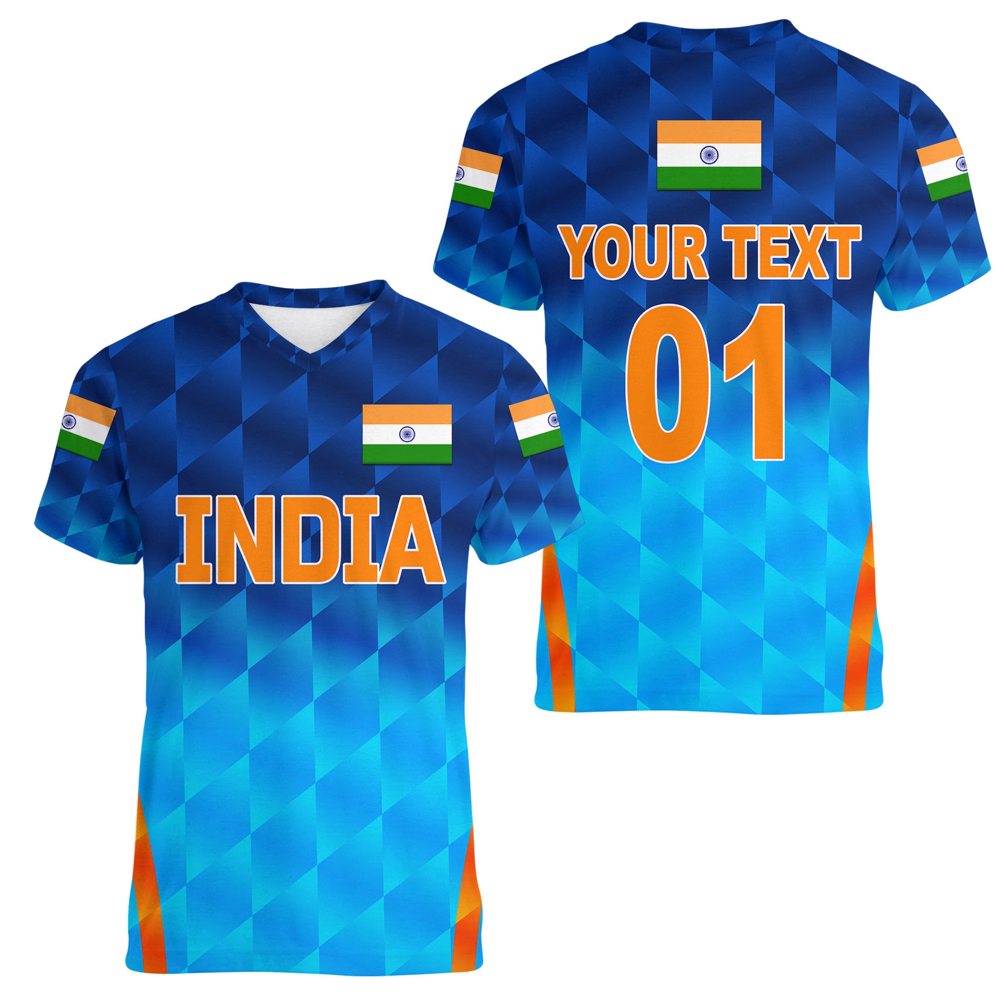 custom-personalised-india-cricket-women-v-neck-t-shirt-men-in-blue-unique-gradient-blue