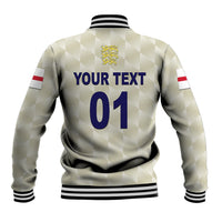 Beige checkered baseball jacket with striped rib hem; "YOUR TEXT 01" back print