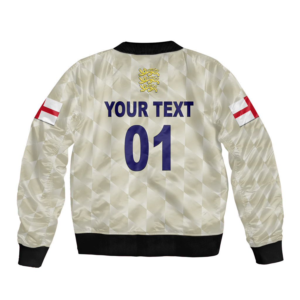 Beige bomber jacket back with YOUR TEXT and 01, ribbed hem and striped sleeves