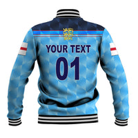 Blue baseball jacket back with lion crest, YOUR TEXT, number 01, striped ribbed hem