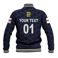 Back of navy checker baseball jacket with striped ribbed collar, 'YOUR TEXT' and '01'