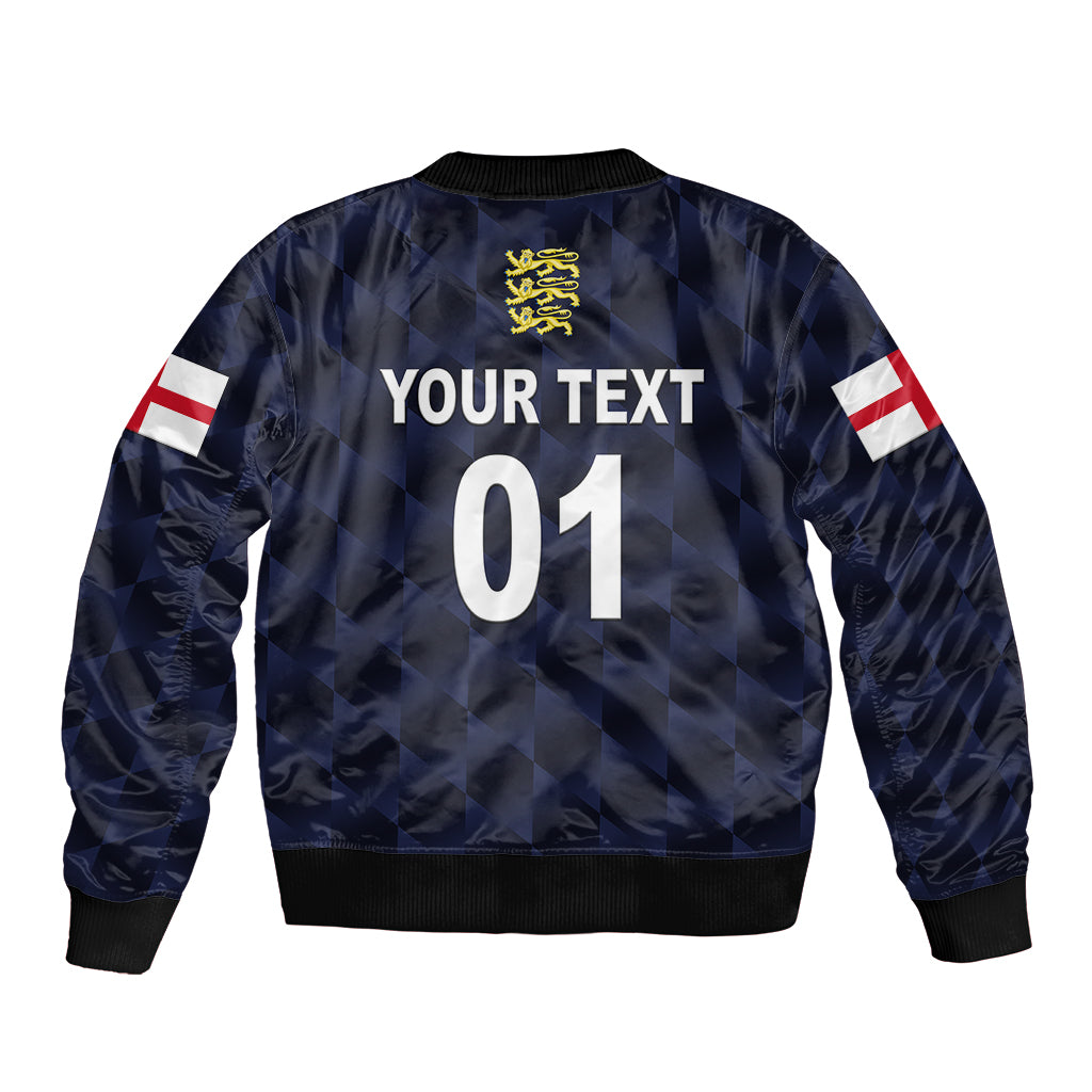 Dark navy bomber jacket with back print, number 01, crest, ribbed hem and cuffs