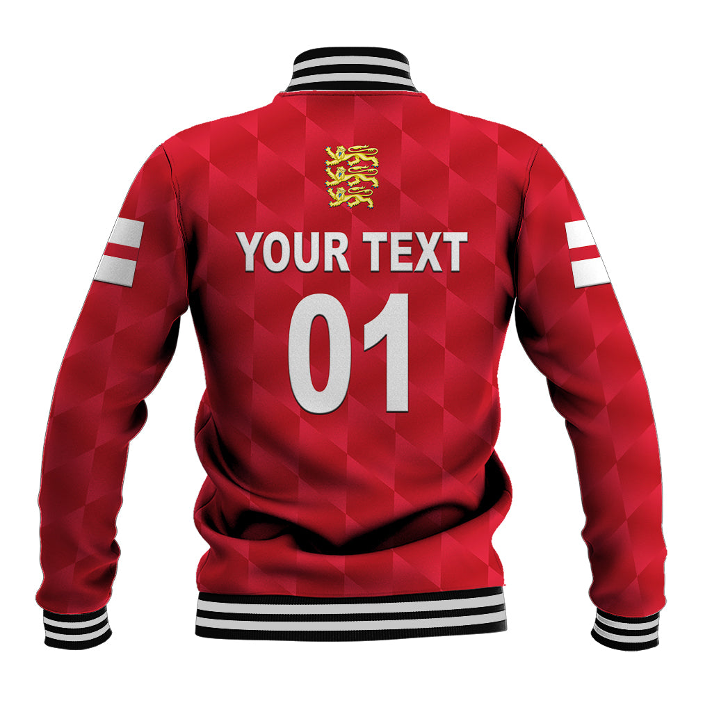 Red baseball jacket with stand collar, striped cuffs, custom back text and number 01