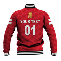 Red baseball jacket with stand collar, striped cuffs, custom back text and number 01