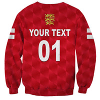 Red crewneck sweatshirt with 'YOUR TEXT 01' back print, gold crest, sleeve stripe blocks