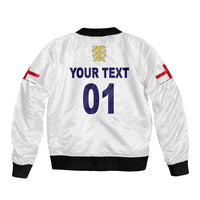 White cricket bomber jacket with ribbed hem, YOUR TEXT 01 back print and crest