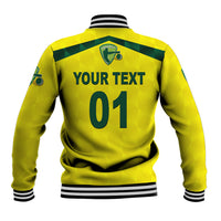 Yellow cricket baseball jacket back with Your Text 01 print, green stripe, ribbed black cuffs
