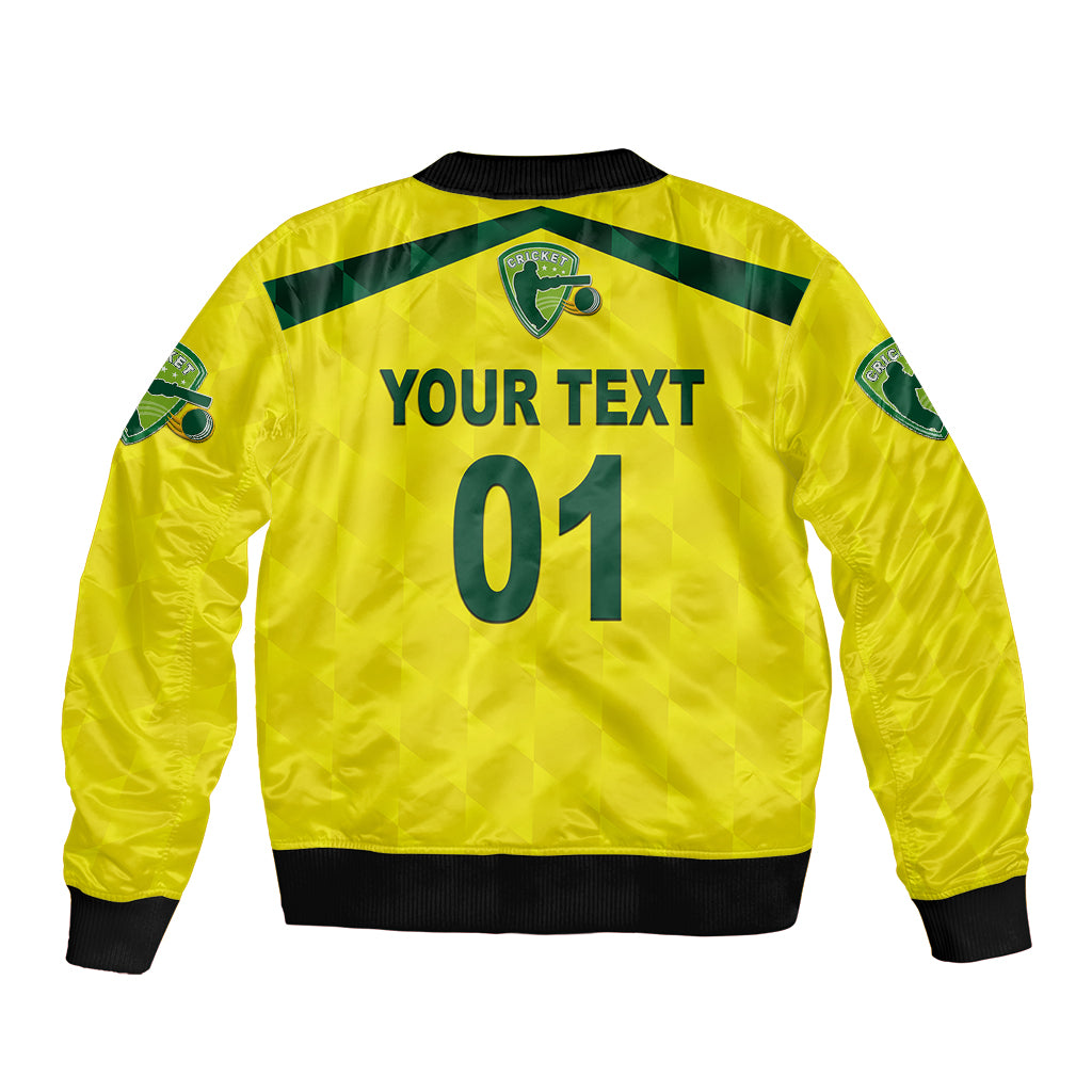 Yellow bomber jacket with green back graphic text and number 01, ribbed hem
