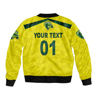 Yellow bomber jacket with green back graphic text and number 01, ribbed hem