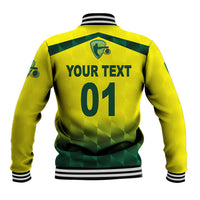 Yellow baseball jacket with green checker pattern and YOUR TEXT 01 back print.