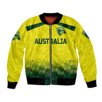 Yellow Australia cricket bomber jacket with full zip, green stripes, black cuffs