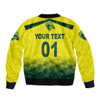 Yellow cricket bomber jacket back with 'YOUR TEXT 01', green band, black collar/cuffs