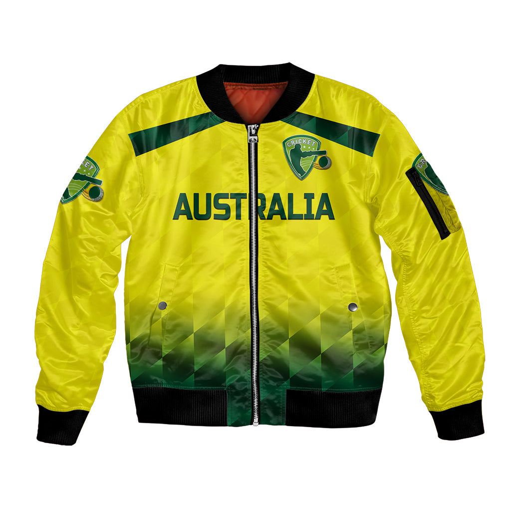 custom-personalised-australia-cricket-sleeve-zip-bomber-jacket-aussie-unique-gradient-yellow-vibes