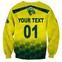 Yellow cricket sweatshirt with green geometric gradient, crest and YOUR TEXT 01