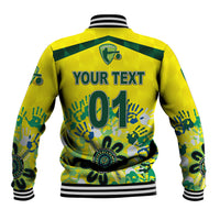 Yellow baseball jacket back with ribbed hem, 'YOUR TEXT 01' print, Aboriginal graphics