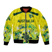 Unisex yellow bomber jacket with front zip, green stripe, Australia print, ribbed cuffs