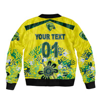 Unisex yellow bomber jacket with back print 'YOUR TEXT' and '01', green stripe, ribbed hem