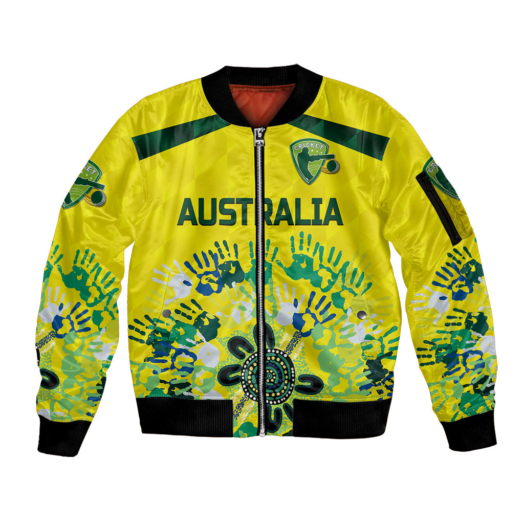 custom-personalised-australia-cricket-sleeve-zip-bomber-jacket-aboriginal-style-unique-yellow