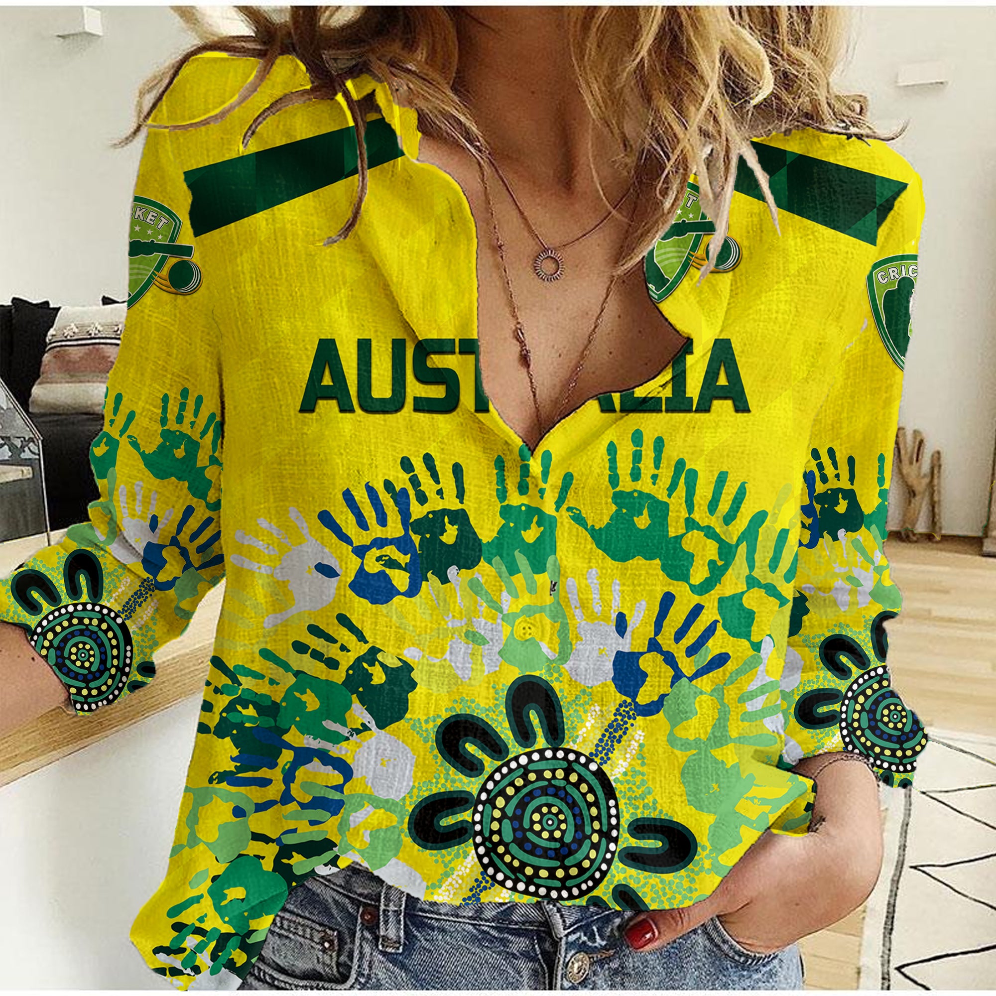 custom-personalised-australia-cricket-women-casual-shirt-aboriginal-style-unique-yellow