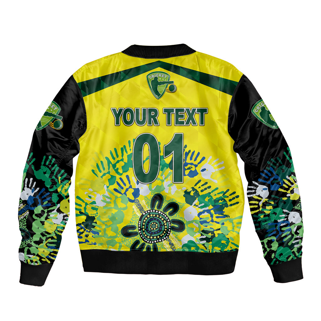 Bomber jacket with yellow back, black sleeves, ribbed cuffs, 'YOUR TEXT 01' print