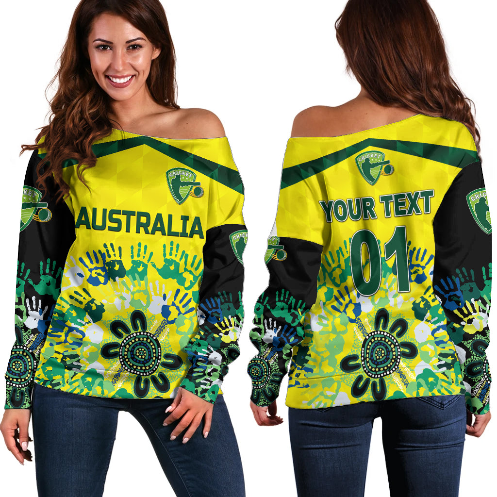 (Custom Personalised) Australia Cricket Off Shoulder Sweater Aboriginal Style Unique - Black LT8 - Wonder Print Shop