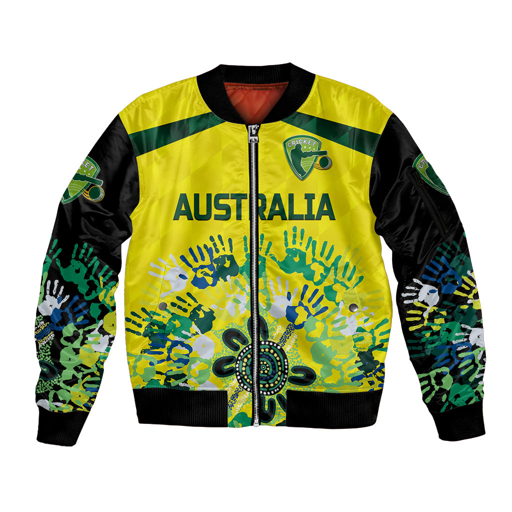 custom-personalised-australia-cricket-sleeve-zip-bomber-jacket-aboriginal-style-unique-black