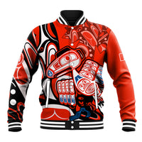Red baseball jacket with ribbed collar, black snap front, stylized raven artwork