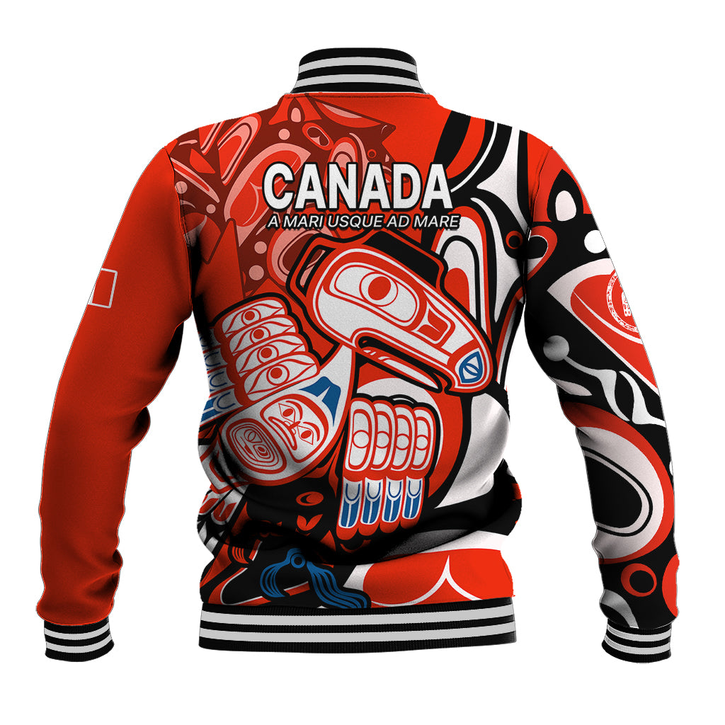Red baseball jacket back with large Canada graphic, ribbed striped hem and cuffs