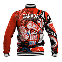 Red baseball jacket back with large Canada graphic, ribbed striped hem and cuffs