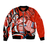Red bomber jacket with zip front, ribbed cuffs, and black/white/blue raven artwork