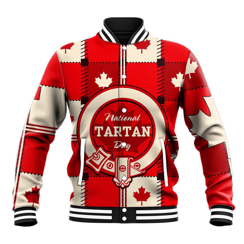 Red baseball jacket with tartan graphic, Canada maple leaf, striped ribbed cuffs