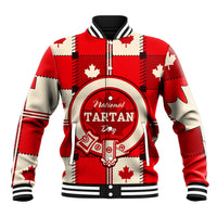 Red baseball jacket with tartan graphic, Canada maple leaf, striped ribbed cuffs