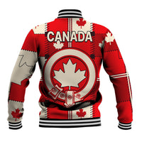 Red baseball jacket back with large CANADA print, maple leaf emblem, ribbed hem