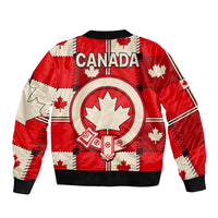 Red and white bomber jacket back with CANADA text and maple leaf emblem