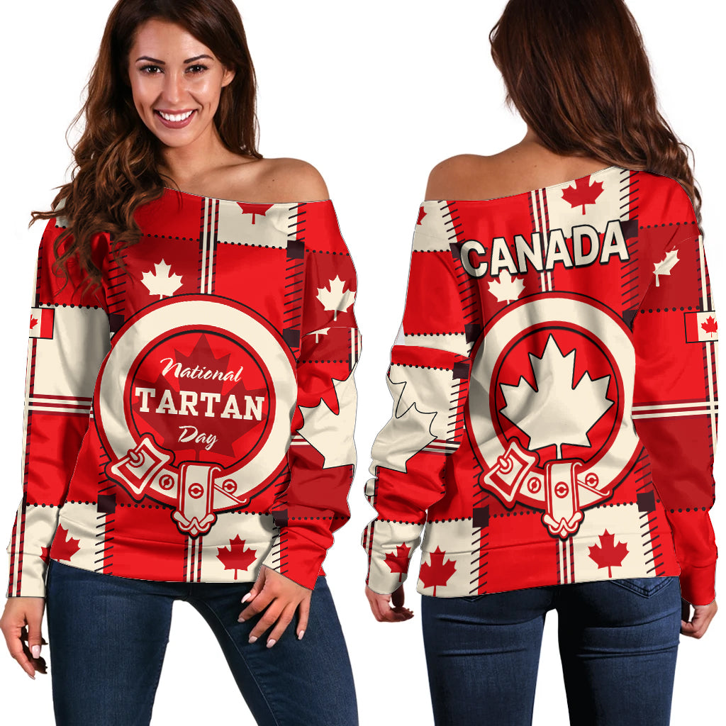 Canada Tartan Day Off Shoulder Sweater Canada Maple Leaf Journee du Tartan - Wonder Print Shop