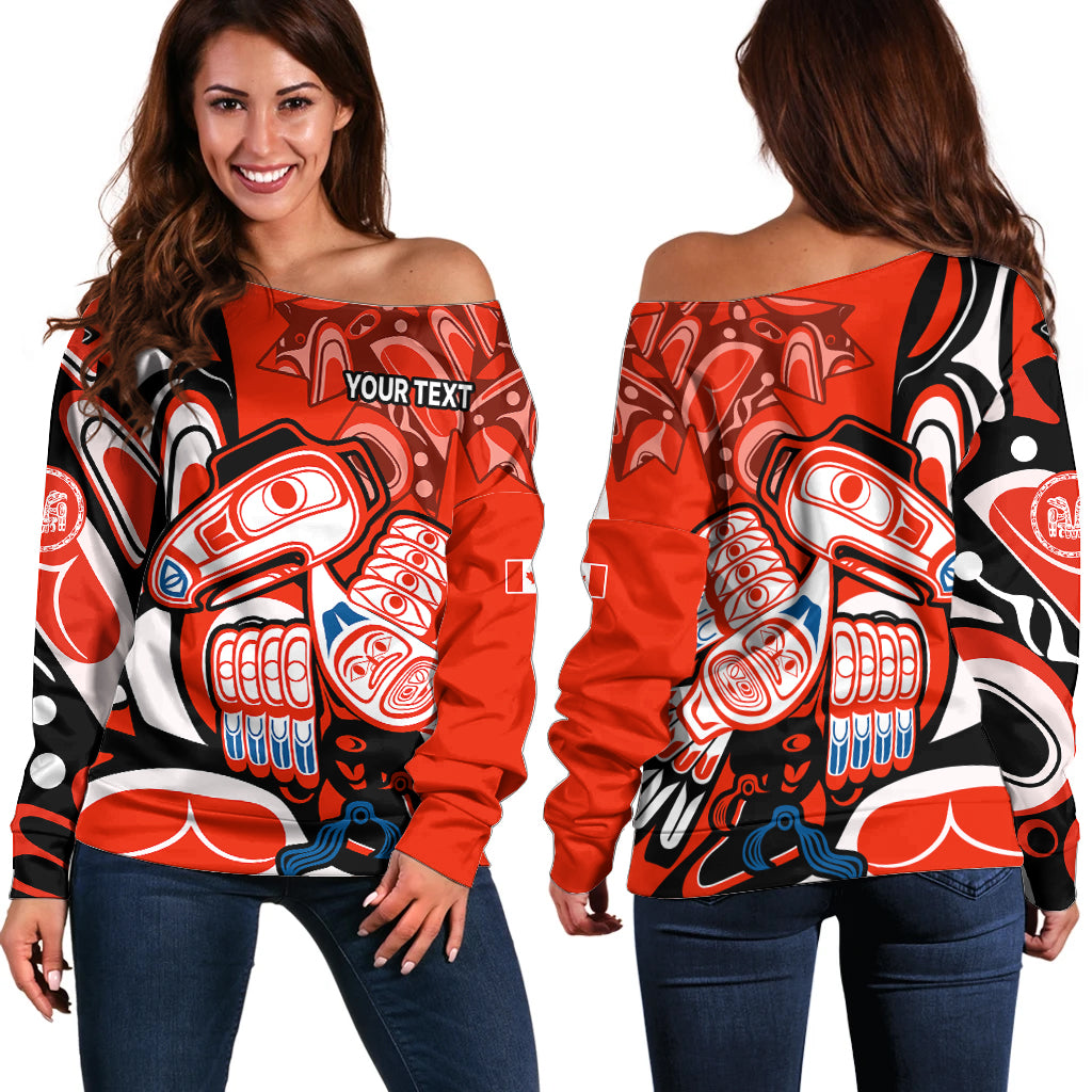 (Custom Personalised) Canada Haida Off Shoulder Sweater Classic Haida Stylized Raven in red - Wonder Print Shop