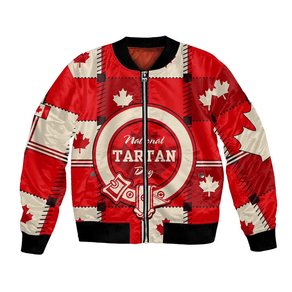 Red and white Canada tartan bomber jacket with zip front, maple leaf emblem, ribbed trim