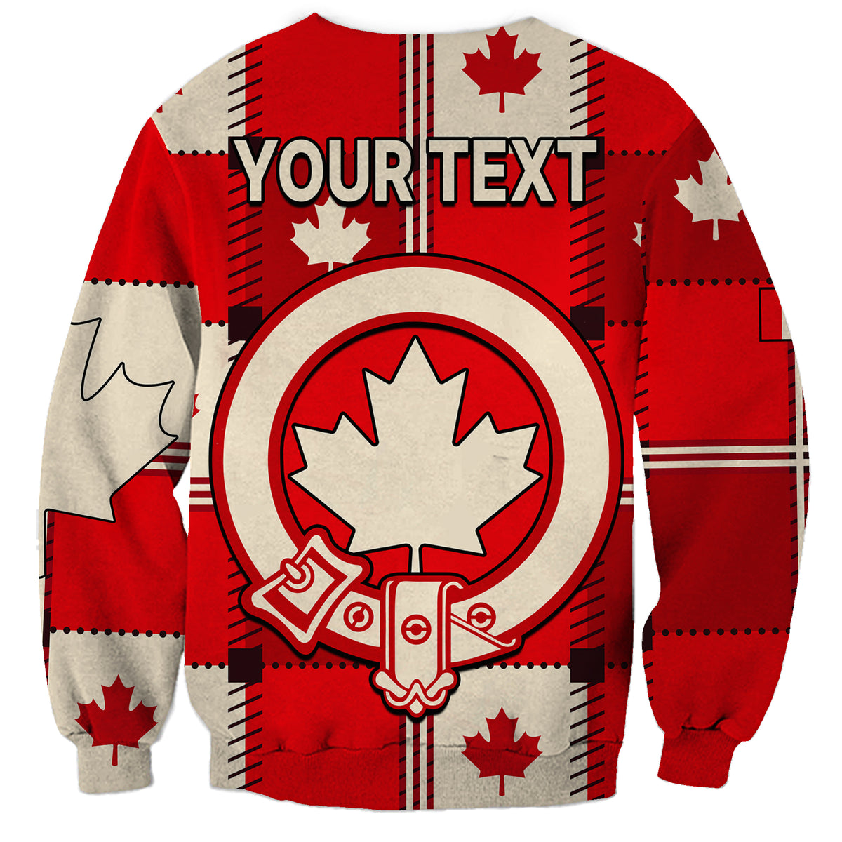 Red unisex sweatshirt with YOUR TEXT print and tartan maple leaf emblem on back