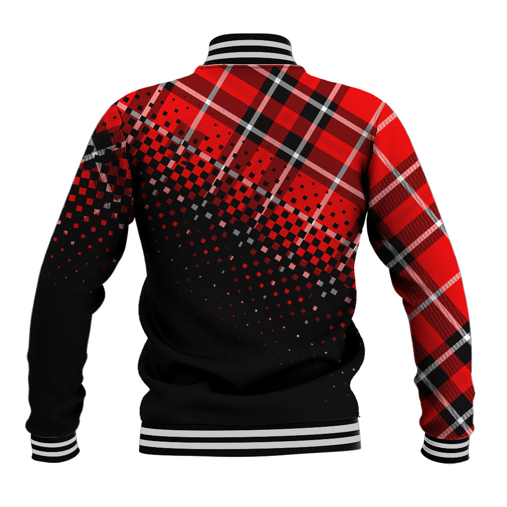 Red and black tartan baseball jacket back view with striped ribbed hem and cuffs
