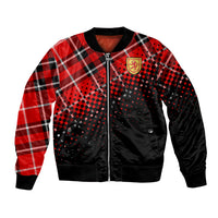 Unisex bomber jacket with red and black plaid, zip front, crest patch on chest