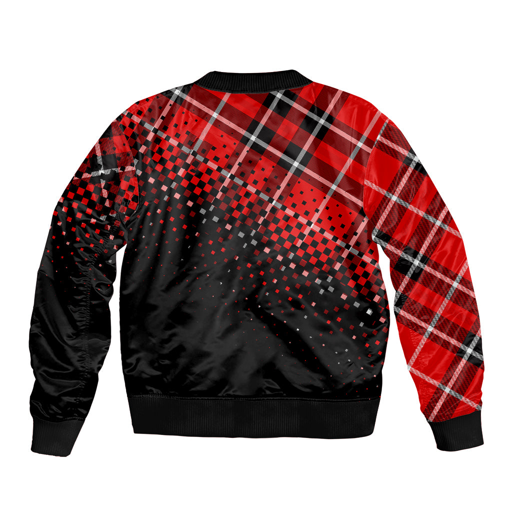 Unisex bomber jacket back with red and black plaid pattern, ribbed cuffs and hem